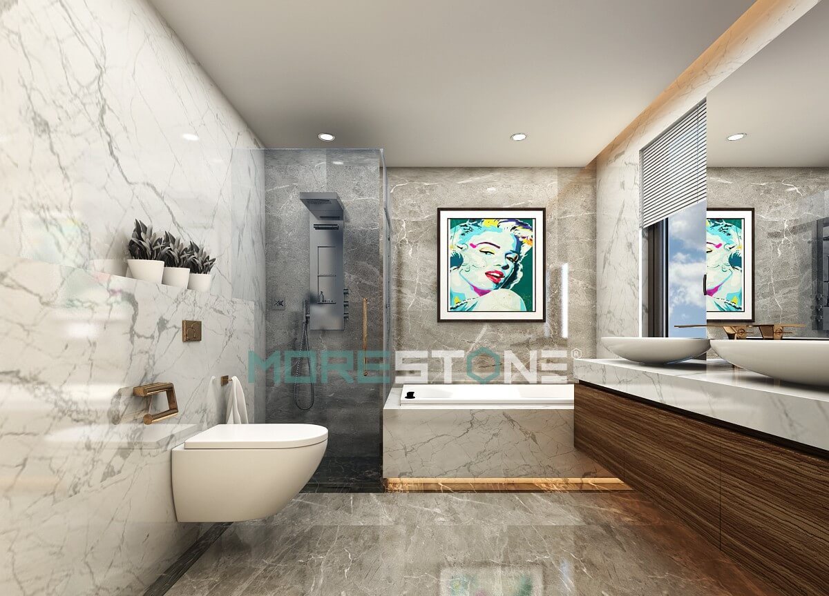 Thiết kế phòng tắm sử dụng đá màu trắng có vân - vẻ đẹp trường tồn với thời gian