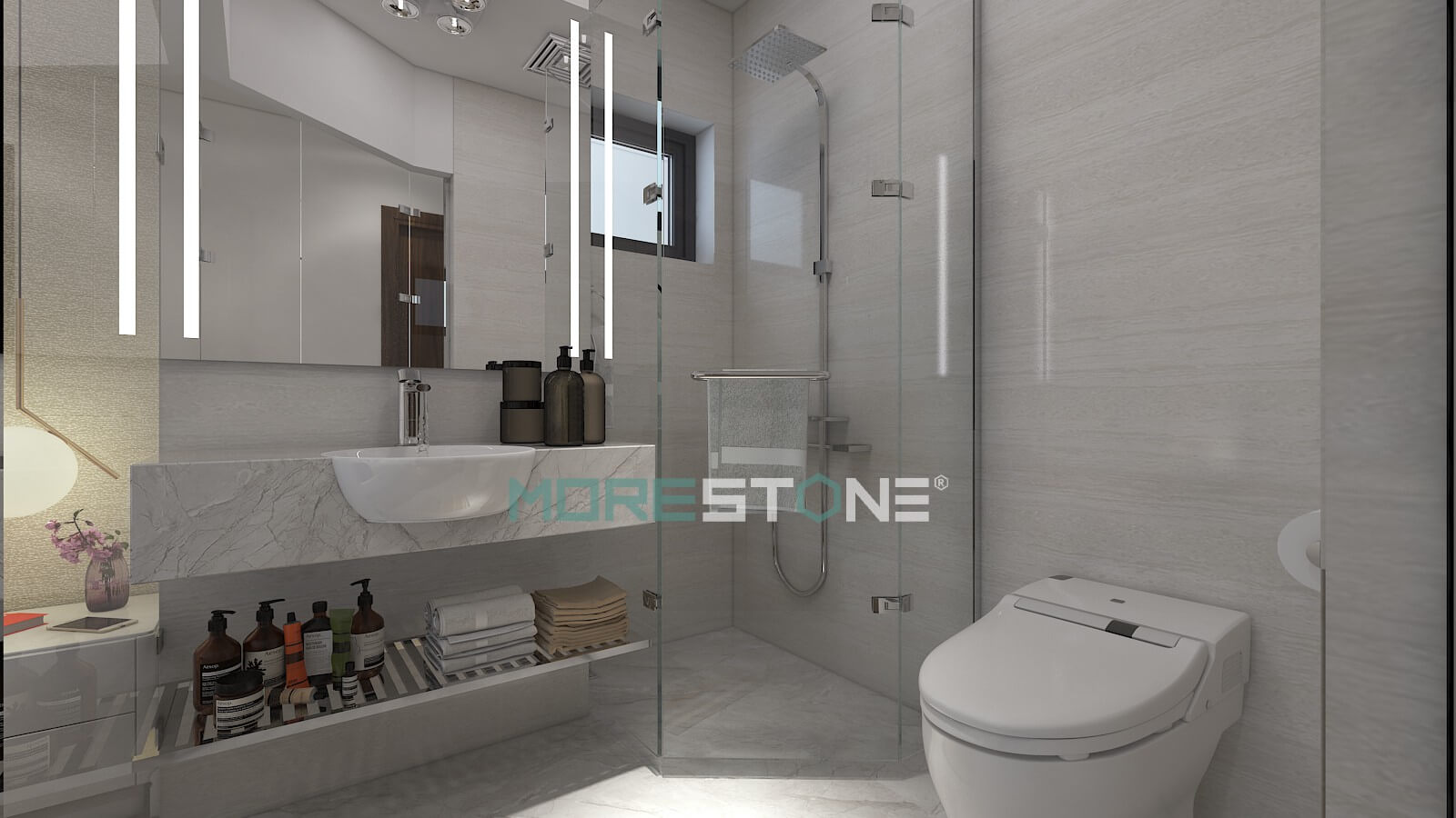 thi công không gian phòng tắm sang trọng theo phong cách hiện đại tối giãn