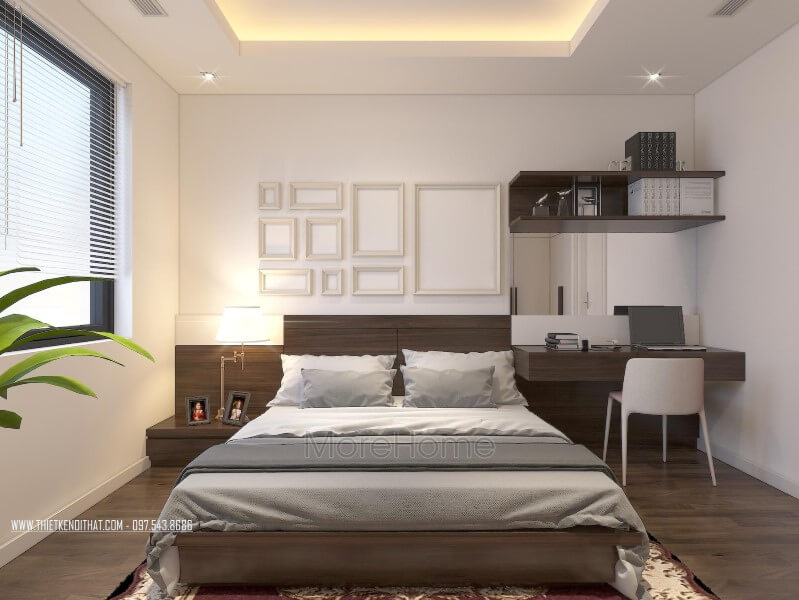 Mẫu giường ngủ gỗ công nghiệp với thiết kế dạng bệt có tap đầu giường hiện đại, đơn giản