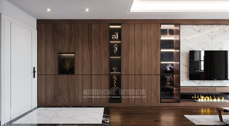 Thiết kế hệ tủ trang trí phòng khách hiện đại bằng gỗ óc chó sang chảnh Thiết kế nội thất đồ gỗ óc chó