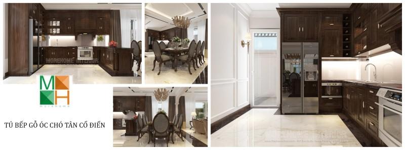 Mẫu thiết kế tủ bếp gỗ óc chó chữ U rất phù hợp cho không gian bếp biệt thự, căn hộ cao cấp. Thiết kế nội thất đồ gỗ óc chó