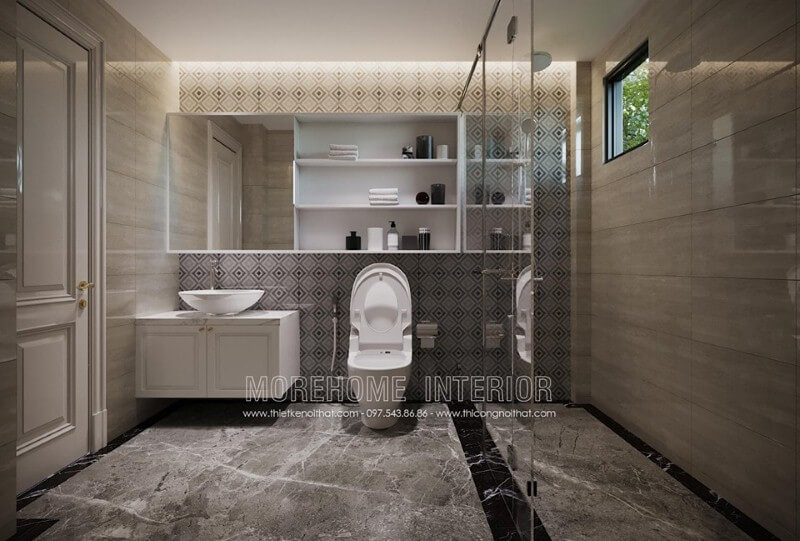 Gương soi hình chữ nhật đơn giản nhưng lại tạo nét đẹp ấn tượng trong thiết kế phòng tắm. Gương hình chữ nhật