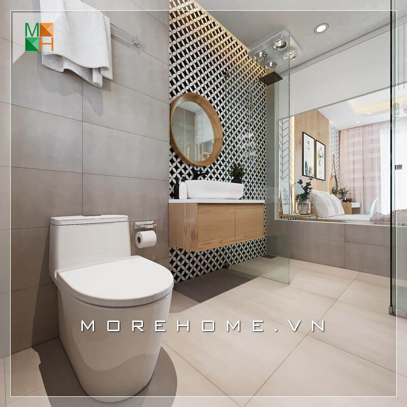 Nhà tắm sang trọng sử dụng gương soi lớn hình chữ nhật và gương tròn rất hiện đại. Gương hình chữ nhật