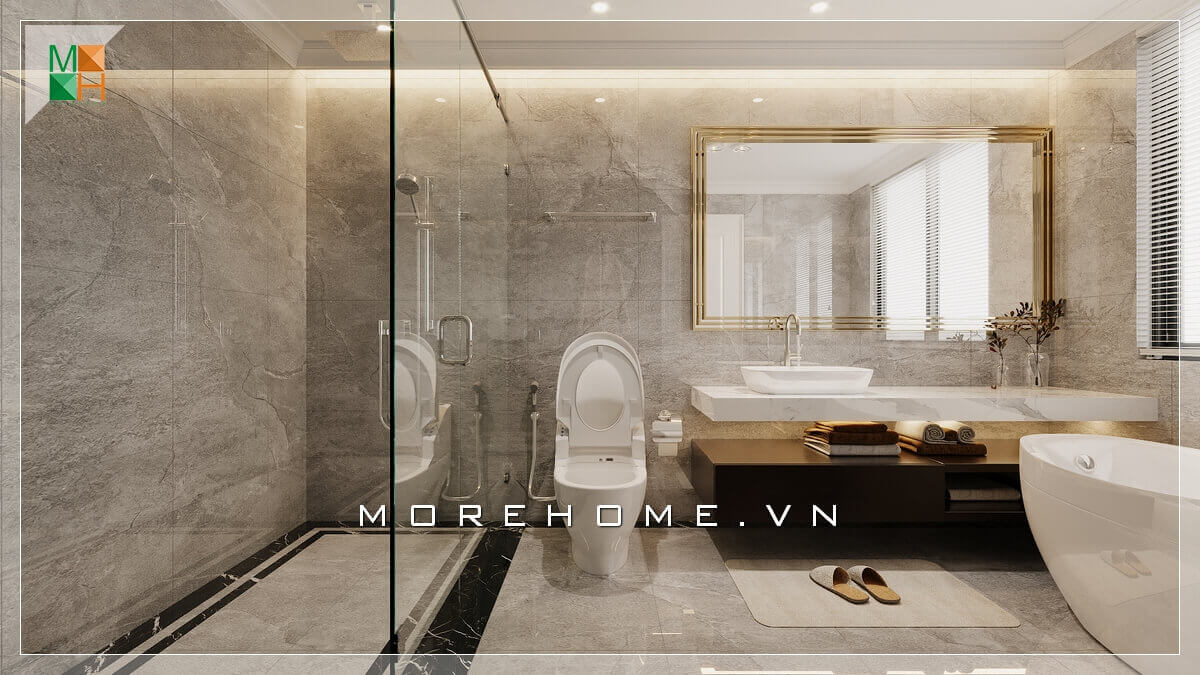 Thiết kế nhà tắm và nhà vệ sinh sử dụng gương to hình chữ nhật rất hiện đại, cảm giác căn phòng tắm rộng hơn thoáng hơn. Gương hình chữ nhật