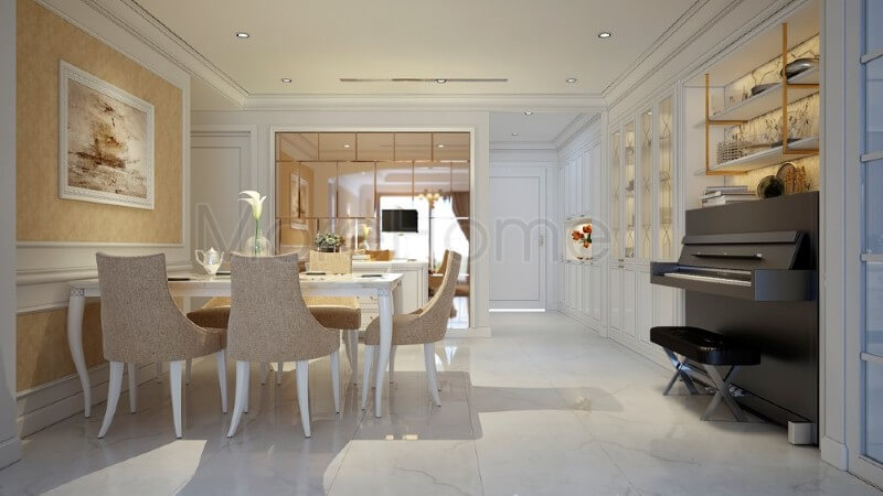 Bộ bàn ghế tân cổ điển với sự kết hợp hài hòa giữa 2 màu trắng vàng chủ đạo tạo nên một không gian phòng ăn sang trọng mà vô cùng ấm áp mẫu bàn ăn gỗ tự nhiên cao cấp cho phòng ăn sang trọng