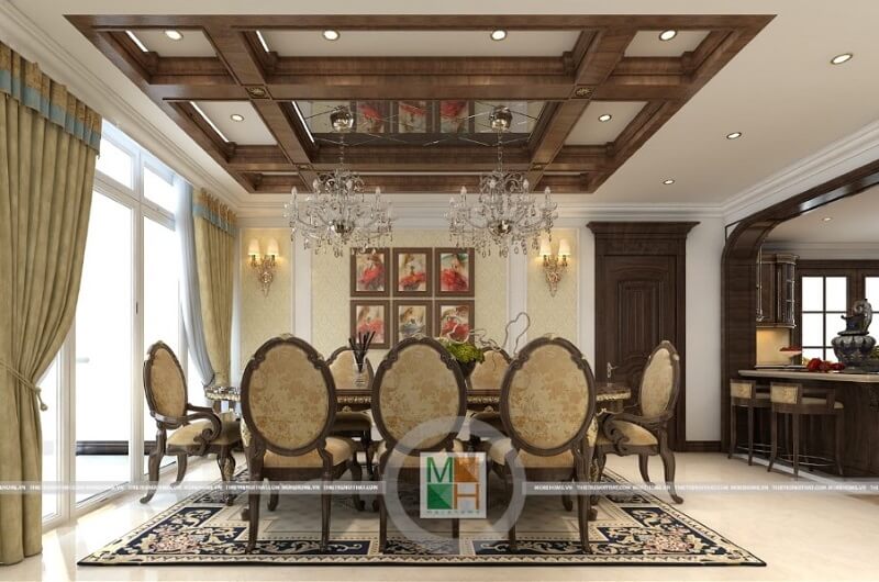 Bộ bàn ăn gỗ tự nhiên đẹp phong cách tân cổ điển màu vàng ánh kim lôi cuốn mẫu bàn ăn gỗ tự nhiên cao cấp cho phòng ăn sang trọng