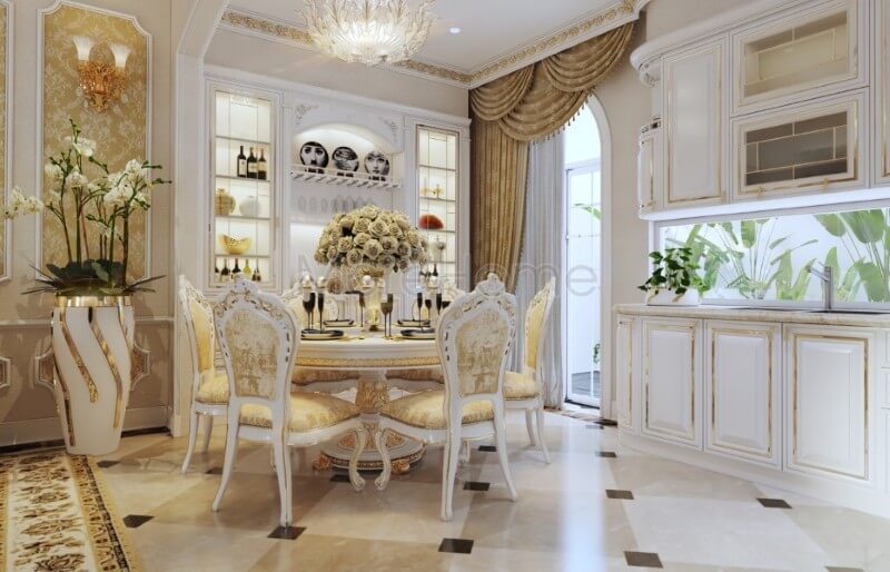 Bộ bàn ăn tròn gỗ tự nhiên phun sơn trắng cao cấp, cùng gam màu với không gian sinh hoạt chung khác tạo sự liền mạch, không bị rối mắt mẫu bàn ăn gỗ tự nhiên cao cấp cho phòng ăn sang trọng