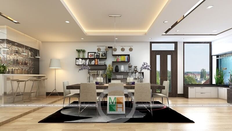 Thiết kế nội thất phòng ăn chung cư hiện đại với bộ bàn ăn nhỏ gọn kết hợp quầy bar mimi ấn tượng.