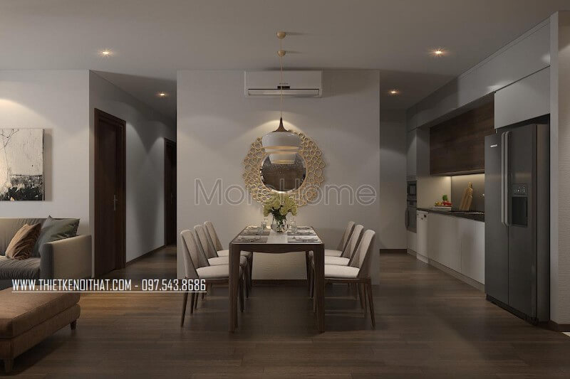 Không gian ăn uống được thiết kế bàn ăn hiện đại, gương trang trí với mẫu đèn thả hình tròn trắng tinh tế tạo cho không gian phòng ăn thêm đầy đủ tiện nghi và ấm áp.
