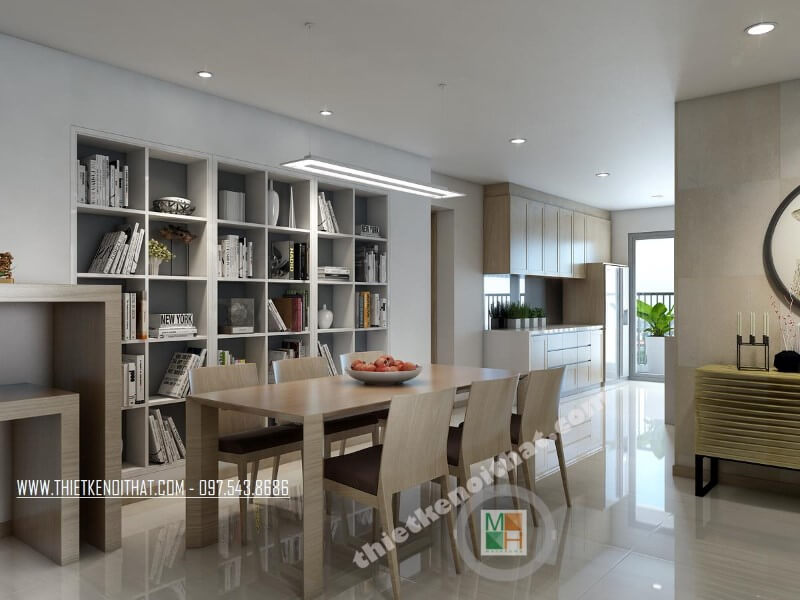 Thiết kế nội thất phòng ăn đẹp kết hợp tủ âm tường cách tân làm kệ, giá sách, kiến trúc sư đã tiết kiệm tối đa không gian mà vẫn đảm bảo tính công năng của sản phẩm