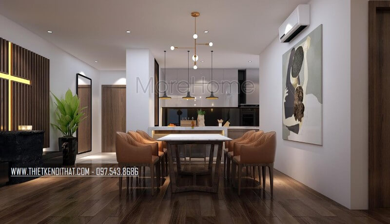 Không gian phòng ăn không bị nhàm chán tẻ nhạt bởi KTS đã thêm vào mảng tường trống một bức tranh canvas giúp cho không gian thêm sinh động.