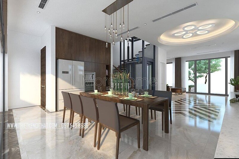 Thiết kế nội thất phòng ăn biệt thự sang trọng với sự xuất hiện của bộ bàn ăn 8 ghế tạo điểm nhấn nổi bật cuốn hút