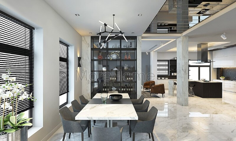 Nội thất phòng ăn ấn tượng,các bức vách tường thô cứng được thay thế bằng cửa sổ kính cường lực an toàn, đảm bảo đủ ánh sáng cũng như thoải mái nhất tại khu vực dùng bữa của gia chủ