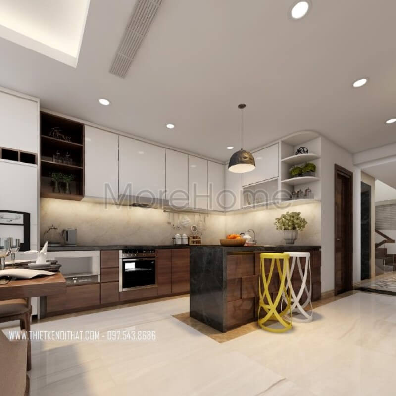 Mẫu tủ bếp hiện đại gỗ công nghiệp với tông màu nâu trắng cho không gian ấm cúng của gia đình Thiết kế tủ bếp nhà phố sang trọng