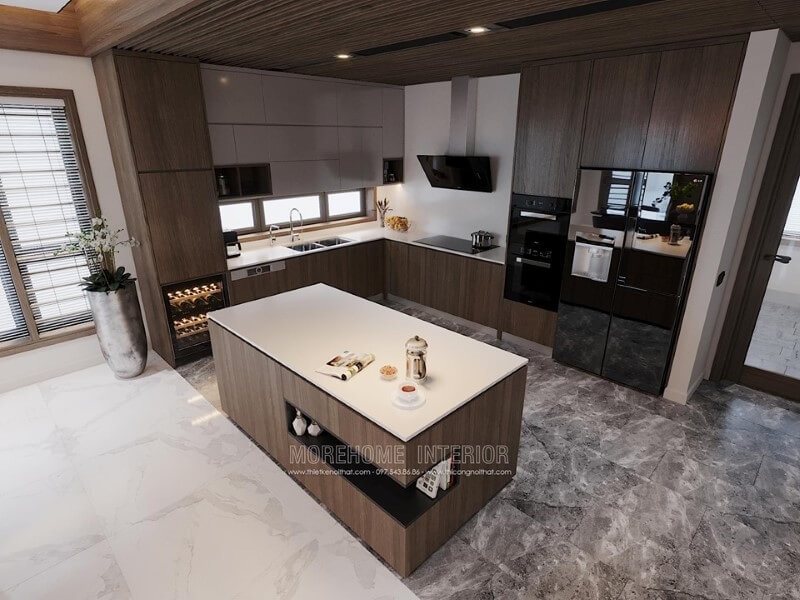 Mẫu tủ bếp gỗ công nghiệp An Cường với thiết kế đa năng hiện đại, tông màu trắng nâu là điểm nhấn nổi bật cho không gian ấm cúng của gia đình Thiết kế tủ bếp nhà phố sang trọng