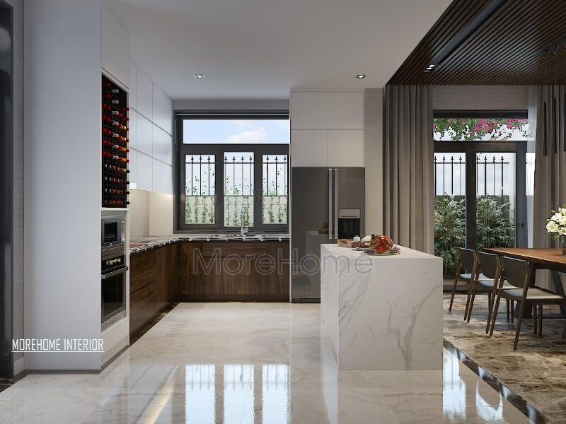 Tủ bếp chữ U hiện đại, đẹp cho phòng bếp biệt thự, nhà phố. Thiết kế tủ bếp nhà phố sang trọng