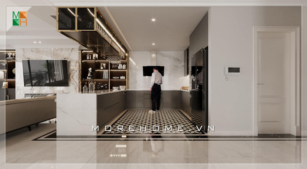 Mẫu tủ kệ gỗ treo đẹp sang trọng, có công dụng để đồ, cốc và ly rất tiện lợi Thiết kế tủ bếp nhà phố sang trọng