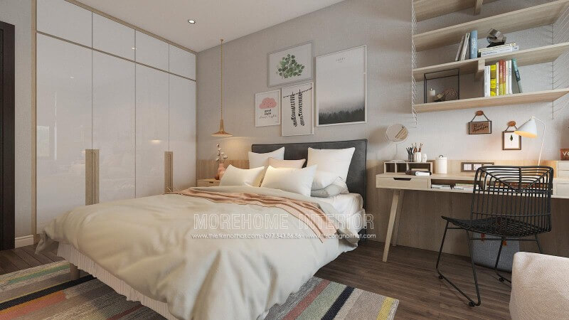 Bàn làm việc cùng kệ trang trí gỗ sồi tone sáng tạo nên góc học tập, làm việc hiện đại, trẻ trung cho phòng ngủ con. Thiết kế phòng ngủ biệt thự