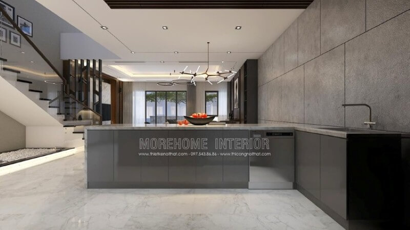 Với ý tưởng trong mẫu thiết kế nội thất biệt thự Parkcity trong đây, bạn có thể thiết kế ngay không gian đảo tách biệt phòng bếp để có thể phục vụ nhanh nhu cầu của mình mà vẫn đảm bảo nhu cầu tức thời từ bộ tủ đựng đồ được bố trí máy rửa bát, bồn rửa tiện lợi.