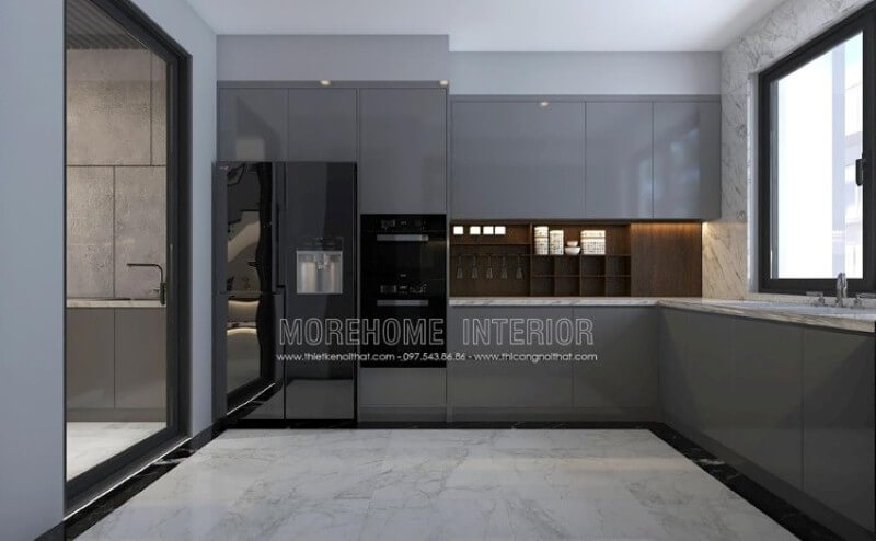 Trang trí nội thất phòng bếp hiện đại đẹp sang trọng với tone màu xám nổi bật phù hợp gia chủ mệnh Thủy.