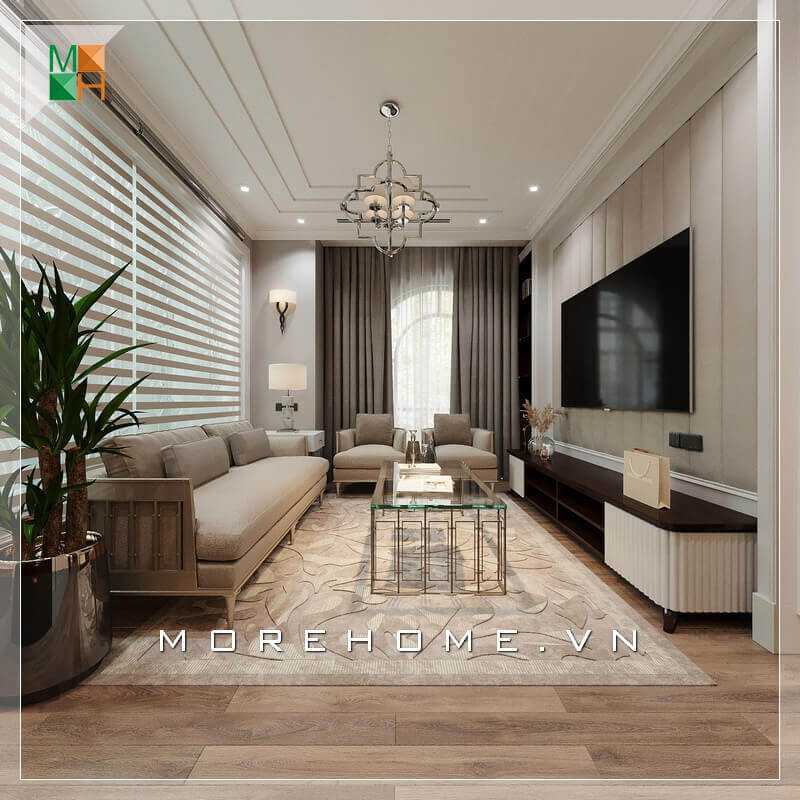 Morehome gợi ý cho bạn mẫu thiết kế nội thất phòng khách chung cư, nhà phố tiện nghi và sang trọng mang phong cách tân cổ điển.