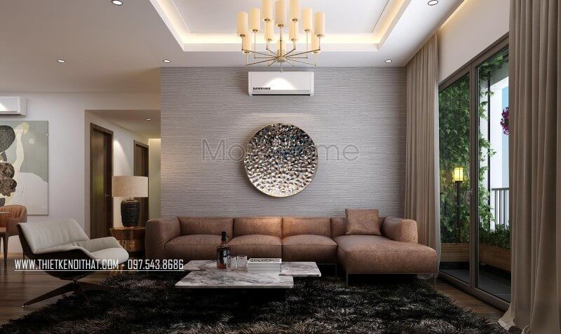 Nội thất phòng khách chung cư hiện đại đầy ấn tượng, gam màu nâu trầm ấm áp
