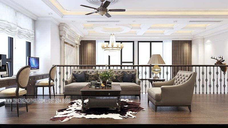 Thiết kế khu vực sinh hoạt chung tầng 2 cho căn hộ Duplex Thanh Xuân Hà Nội với mẫu bàn trà gỗ óc chó hiện đại tinh tế, sofa tân cổ điển bọc vải cao cấp.