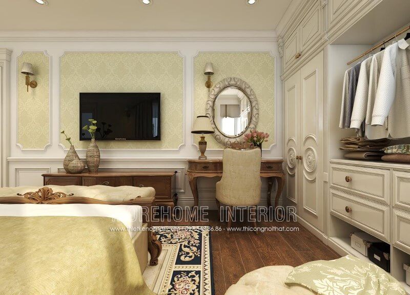 Gương trang điểm đẹp hình elip có khung tinh tế và sang trọng mang nét đẹp cổ điển trong phòng ngủ của biệt thự, nhà phố