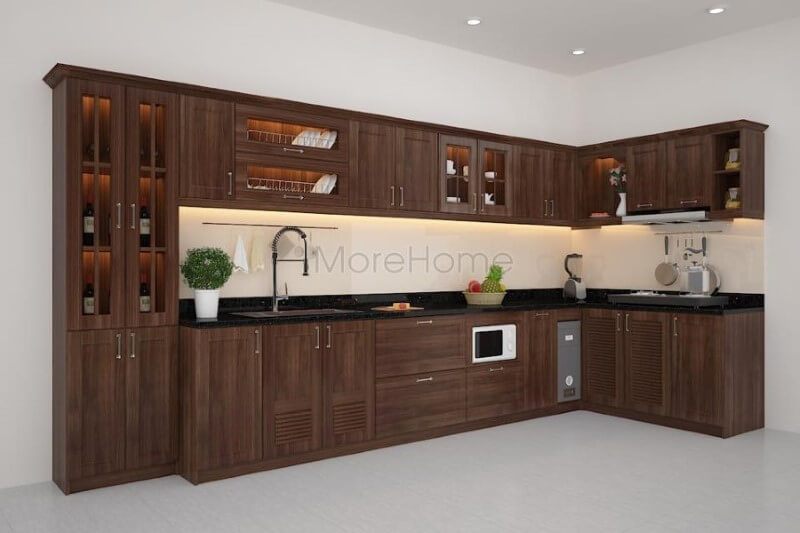 Thiết kế tủ bếp gỗ óc chó hiện đại giúp khách hàng tận dụng được diện tích và đáp ứng đầy đủ công năng khi sử dụng.
