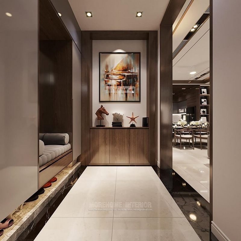 Mẫu tủ trang trí gỗ óc chó đẹp sang trọng cho mặt tiền sảnh nhà biệt thự