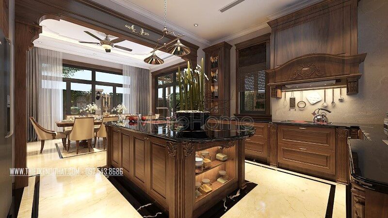 Thiết kế tủ bếp gỗ óc chó tự nhiên nhập khẩu cao cấp tại hà nội _ Nội thất Morehome
