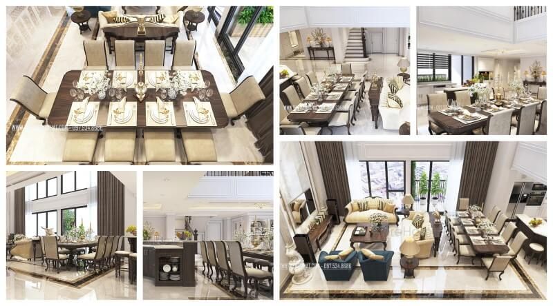 Bộ bàn ăn 10 ghế gỗ óc chó sang trọng cao cấp ở căn hộ Duplex Thanh Xuân Hà Nội