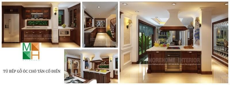 Phong cách thiết kế tủ bếp tân cổ điển bằng gỗ óc chó là sự kết hợp hài hòa giữa ý tưởng thiết kế và họa tiết cầu kỳ, sang trọng, phức tạp nhưng vẫn mang lại sự tinh tế.