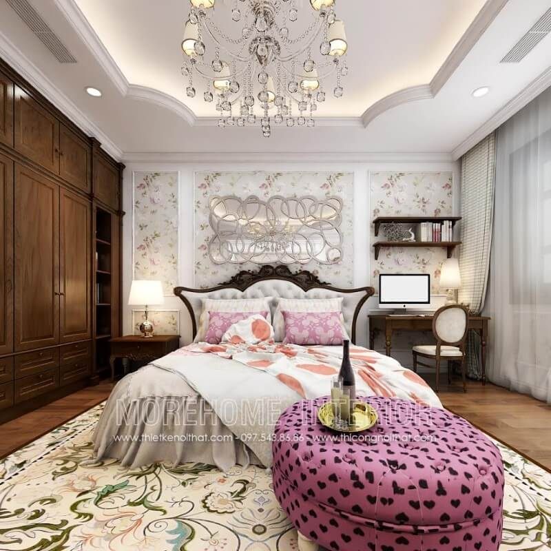 Giường ngủ gỗ óc chó với đầu giường thiết kế cách điệu, tạo nên sự ấn tượng cho không gian phòng ngủ