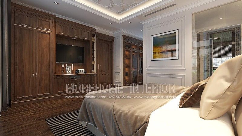Mẫu thiết kế tủ quần áo tân cổ điển gỗ óc chó liền kề với hệ tủ gỗ óc chó trang trí và kệ tivi sang trọng