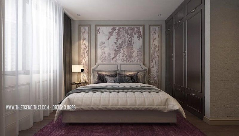 Phòng ngủ của con được thiết kế đơn giản với một giường gỗ công nghiệp, mảng tường đầu giường được làm bằng giấy dán tường hoa màu tím nhạt, tạo nên sự hài hòa và nhẹ nhàng.