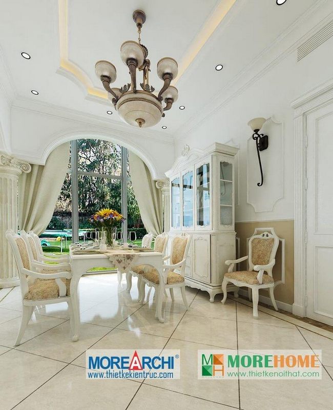 Mẫu bàn ăn gỗ tân cổ điển màu trắng sang trọng cho phòng ăn