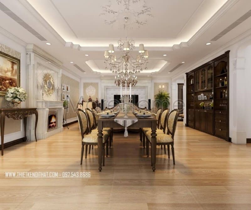 Thiết kế phòng ăn chung cư tân cổ điển liền kề phòng khách mang đến sự tiện lợi và linh hoạt cho không gian sống cho gia chủ