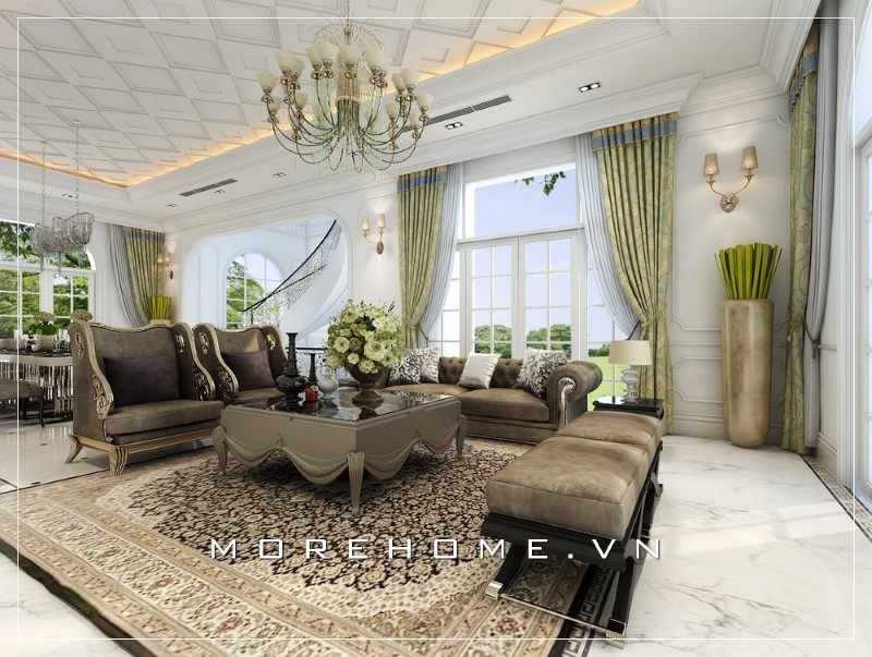 Chiếc bàn trà với đường nét thiết kế tỷ mỷ mang đến sự thanh thoát cho không gian sang trọng, đẳng cấp của phòng khách.