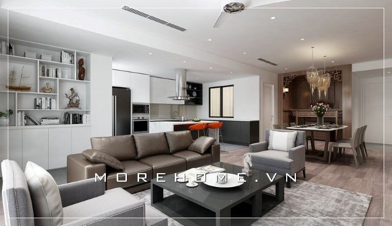Sự hài hòa trong màu sắc, cách bố trí nội thất phù hợp những mẫu thiết kế phòng khách chung cư hiện đại của Morehome luôn là sự lựa chọn ưu tiên hàng đầu của mọi khách hàng.