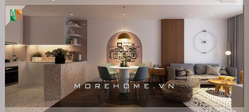 Gam màu hài hòa giữa căn nhà tạo cho không gian ngôi nhà chung cư một cảm giác thông thoáng và thoải mái nhất. Mỗi một phòng được sắp xếp nội thất riêng biệt nhưng vẫn tạo nên thể thông nhất cho căn nhà được liền mạch và tiện nghi.