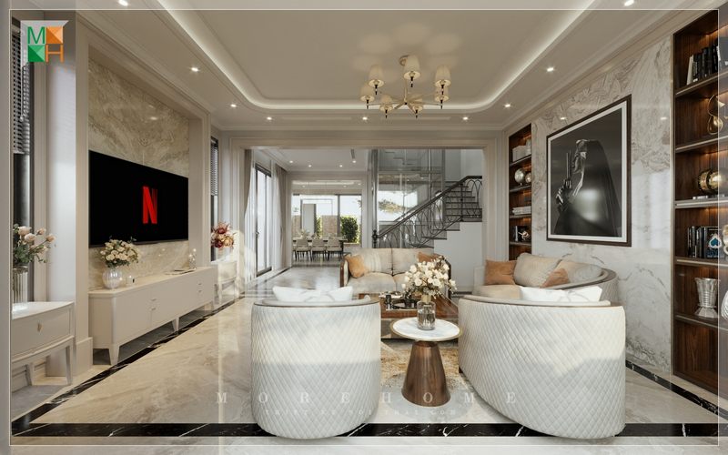 Tiện nghi và ấm cúng trong không gian phòng khách đẹp và sang trọng được thiết kế hài hòa và ấn tượng của Morehome.