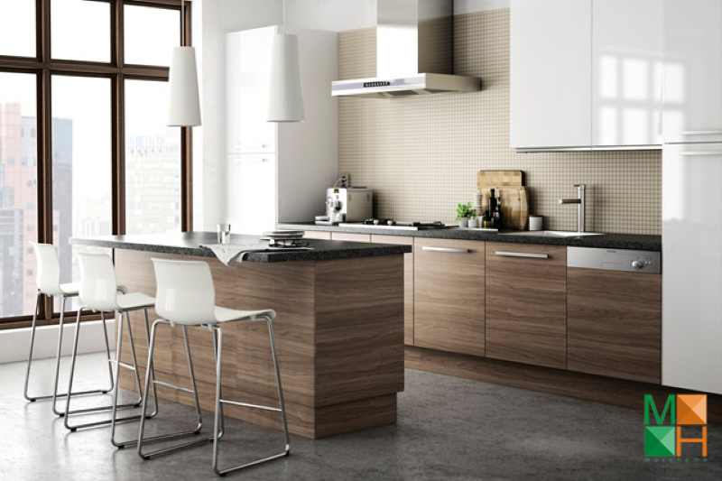 Tổng hợp các mẫu tủ bếp veneer gỗ óc chó đơn giản và thanh lịch nhất