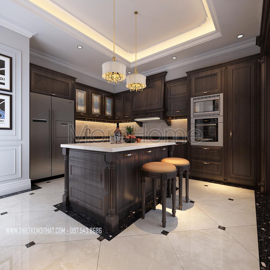 Thiết kế nội thất phòng bếp gỗ óc chó